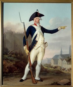 Revolución Francesa: "Retrato de cuerpo entero del ciudadano Nau Deville en uniforme de la guardia nacional (al fondo demolición de la Bastilla)" de Jean Francois Marie Bellier