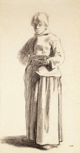 Una mujer de pie sosteniendo una taza, c.1852-56 de Jean Francois Millet