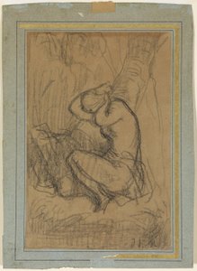 mujer joven, sujetar, ella, largo, pelo, arriba, después, el, baño de Jean Francois Millet