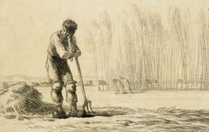 Campesino apoyado en una horca