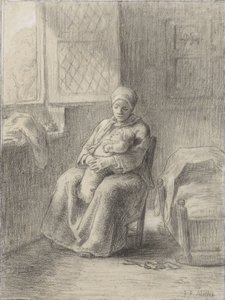 Mujer sentada con un bebé junto a una ventana, c.1824-75 de Jean Francois Millet