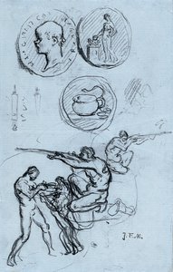 Tres estudios para monedas antiguas, cazadores y un hombre con un león de Jean Francois Millet