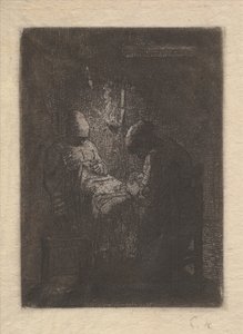 Dos mujeres cosiendo a la luz de una lámpara, ca. 1853 de Jean Francois Millet