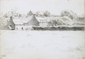 Vista de edificios de granja a través de un campo de Jean Francois Millet