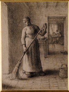 Mujer barriendo su casa