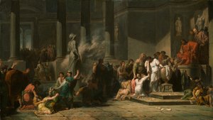 Niñas atenienses echando a suertes qué siete de ellas serán enviadas a Creta para ser sacrificadas al Minotauro (óleo sobre lienzo) de Jean François Pierre Peyron