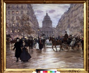""Boulevard Saint Michel"" Vista de la Rue Soufflot y el Panteón desde los Jardines de Luxemburgo y el Boulevard Saint-Michel de París, taxis y parejas elegantes animan la calle al caer la noche. Pintura de Jean Francois Raffaelli (18 de Jean Francois Raffaelli