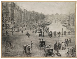 París, La plaza de Saint Michel con el muelle de los Grandes Augustinos y el puente Saint Michel en primer plano y el puente Neuf y el Louvre en el fondo, c.1900 de Jean Francois Raffaelli