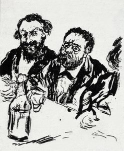 El pintor Edouard Manet (1832-1883) y el escritor Emile Zola (1840-1902) en la mesa. Caricatura de Jean Francois Raffaelli (1850-1924) de Jean Francois Raffaelli
