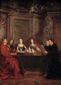 El consejo de conciencia: San Vicente de Paúl, jefe del consejo de conciencia leyendo ante el Cardenal Jules Mazarin, Pierre Seguier, la Reina Ana de Austria y Luis XIV de Jean François de Troy