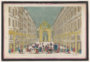 Vista de la decoración de la Rue de la Feronnerie de París con motivo de la restauración de Luis XV, rey de Francia, en 1745 Vue perspectiva des iluminaciones de la Ruë de la Feronnerie du côté de la Ruë St. Denis a Paris (...) (título en o de Jean François Daumont
