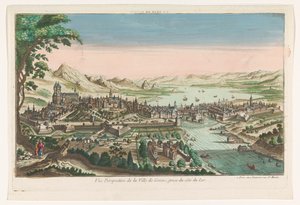 Vista de la ciudad de Ginebra vista desde el lago de Ginebra La ville de Geneve (título sobre objeto) de Jean François Daumont