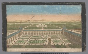 Vista del jardín y del Palacio del Buen Retiro en Madrid Vüe ​​​​perspective du Palais Royal et des Jardins du Buen Retiro, en Espagne (título sobre objeto)