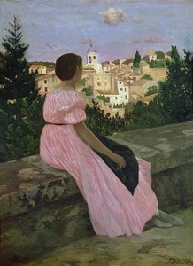 El vestido rosa, o vista de Castelnau-le-Lez, Hérault, 1864 de Jean Frederic Bazille