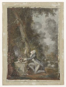 Joven arrodillado ante un altar del amor en un jardín de Jean Frederic Schall