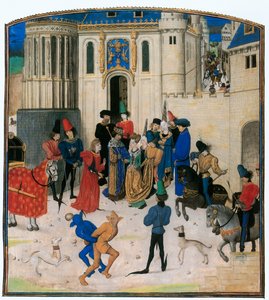 En el exterior de la Puerta de San Denis, el rey Carlos VI de Francia saluda a su reina Isabeau de Baviera ...