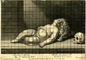 Jean Ganière - Niño durmiendo con la cabeza apoyada en un cojín; cráneo a la derecha. 1640 de Jean Ganière
