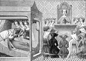 Las Tres Virtudes, Razón, Rectitud y Justicia, instan a Cristina de Pisan (c.1364-1410) a escribir un Libro de Ética para la Instrucción de las Damas, ilustración de Ciencia y Literatura en la Edad Media de Jean Georges after Huyot