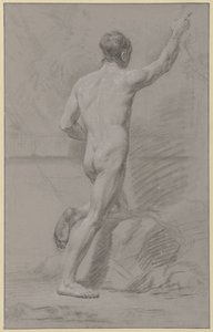 Hombre desnudo de pie, rodilla izquierda sobre una roca, brazo derecho levantado de Jean Grandjean