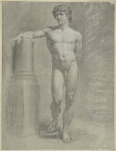 Hombre desnudo de pie, con el brazo derecho sobre una columna rota, de frente de Jean Grandjean