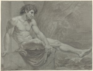 Desnudo masculino sentado, mirando hacia la derecha con la pierna extendida