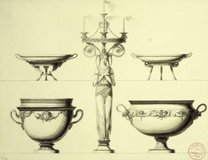 Diseño para un candelabro en forma de mujer, dos copas de plata y dos platos de plata de Jean Guillaume Moitte