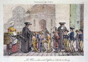 Antiguo oficio de calle en París: los hermanos llevando a los niños a Saint Nicolas des Champs, Escuela católica - Grabado de Jean Henry Marlet en “Les Tableaux de Paris”, serie de 72 impresiones, finales del siglo XIX de Jean Henri Marlet