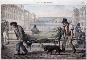 Antiguo oficio de las calles de París: el pobre paciente llevado al hospital por los camilleros. Grabado por Jean Henry Marlet (1771-1847) en “Les Tableaux de Paris”, serie de 72 impresiones, finales del siglo XIX