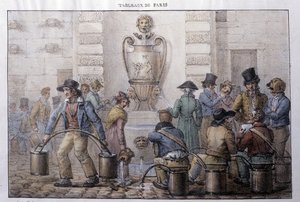 Antigua calle metier en París: aguador frente a una fuente. Grabado por Jean Henry Marlet (1771-1847) en "Los Cuadros de París", serie de 72 impresiones, finales del siglo XIX de Jean Henri Marlet