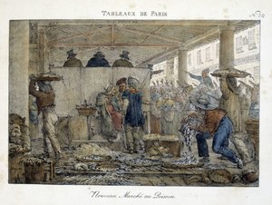 El nuevo Marché aux poissons de París - litografía de Brocas de Jean Henri Marlet