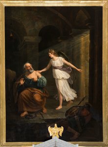 Iglesia parroquial (Nederbrakel, Parochiekerk Sint-Pieter-in-de-Banden). Interior. Pintura. "San Pedro liberado por el ángel y Tomás". Jean-Henri De Coene. Ca 1835 de Jean Henri de Coene