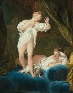 Dos niñas en una cama jugando con sus perros de Jean Honore Fragonard