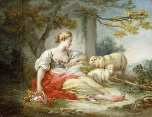Una pastora sentada con ovejas y una cesta de flores cerca de una ruina en un paisaje boscoso de Jean Honore Fragonard