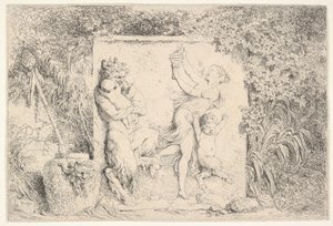 Un bajorrelieve que representa un sátiro a la izquierda sosteniendo dos infantes, otro niño sátiro a la derecha..., 1763 de Jean Honore Fragonard