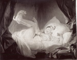 La Gimblette o Jovencita haciendo bailar a su perro en su cama (óleo sobre lienzo) (foto b/n) de Jean Honore Fragonard