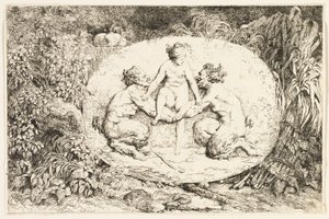 Ninfa sentada sobre las manos de dos sátiros de Bacchanales, o juegos de los sátiros de Jean Honore Fragonard
