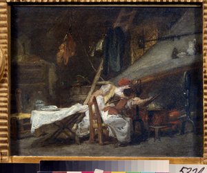 ""Pres du poele"" (En los fogones) Escena en una cocina, cerca de los fogones, los cocineros observan la cocción de un plato en una olla. Pintura de Jean Honore Fragonard (1732-1806). Óleo sobre tela. Rococó. Museo Pushkin, Moscú de Jean Honore Fragonard