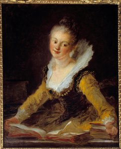 Estudio. Una mujer en su oficina hojeando libros para aprender de Jean Honore Fragonard