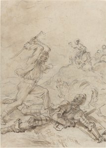 El arriero atacando a Don Quijote mientras yace indefenso en el suelo