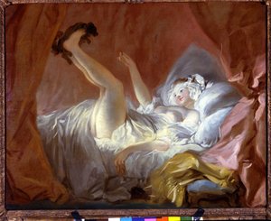 La gimblette. La gimblette es un pastel en forma de anillos. La niña juega acostada en su cama con un perro entregándole esta galleta. Pintura de Jean Honoré Fragonard (1732-1806), París Fond Cailleux de Jean Honore Fragonard
