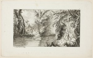 Paisaje con un caminante y una cascada, lámina 5 de la segunda suite Livre de paysages (Libro de paisajes) de Jean Hoüel