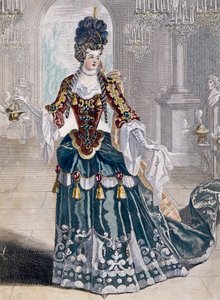 Retrato de Mademoiselle Desmatins (1682-1708), músico en la Ópera, grabado por Jean Berain de Jean I  Berain
