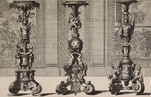 Grandes candelabros de bronce, grabado de Jean Berain (1640-1711) de L