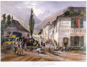 Llegada y Reparación de una Diligencia en Luz en el Camino a Barreges, c.1840 de Jean Jacottet