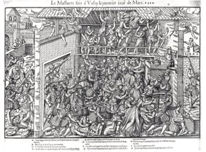 La masacre de la población protestante por las tropas del Duque de Guisa en Wassy-sur-Blaise, 1 de marzo de 1562, grabado por Jacques Tortorel (1568-92) de Jean Jacques Perrissin