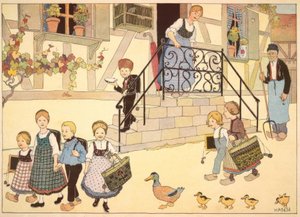 Niños del pueblo alsaciano camino a la escuela de Jean Jacques Waltz