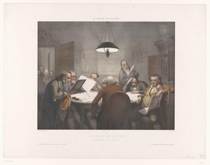 Gabinete de lectura con hombres lectores en una mesa redonda Le cabinet de conference / The Reading Club / Das Lescabinet (título sobre el objeto) Museo de las Risas (título de la serie) Le musée des rieurs (título de la serie sobre el objeto) de Jean Julien Jacott