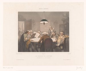 Siete hombres leyendo en una mesa Le gabinete de conferencia / El club de lectura / Das lesecabinet (título sobre objeto) Representaciones de actividades especiales (título de la serie) Musée omnibus (título de serie sobre objeto) de Jean Julien Jacott