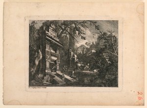 Fantasía Arquitectónica con Tumba y Ruinas, Placa de "Rovine Inventione de Giovan. Loren, Legeay Architet. Intagliate da lui stesso in Luce 1768" de Jean Laurent Legeay