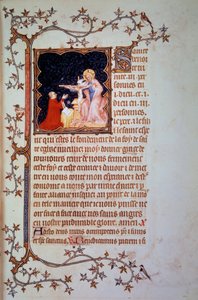 Duque Juan I de Berry ante la Santísima Trinidad. Miniatura tomada del manuscrito "Las Pequeñas Horas de Juan de Berry" iluminado por Juan el Negro, alrededor de 1375. París, B.N. de Jean Le and workshop (attr. to) Noir
